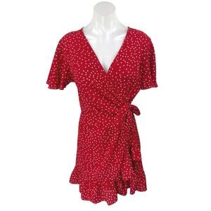 Relipop Red White Short Sleeve Polka Dots Ruffle V Neck Mini Wrap Dress Size XL